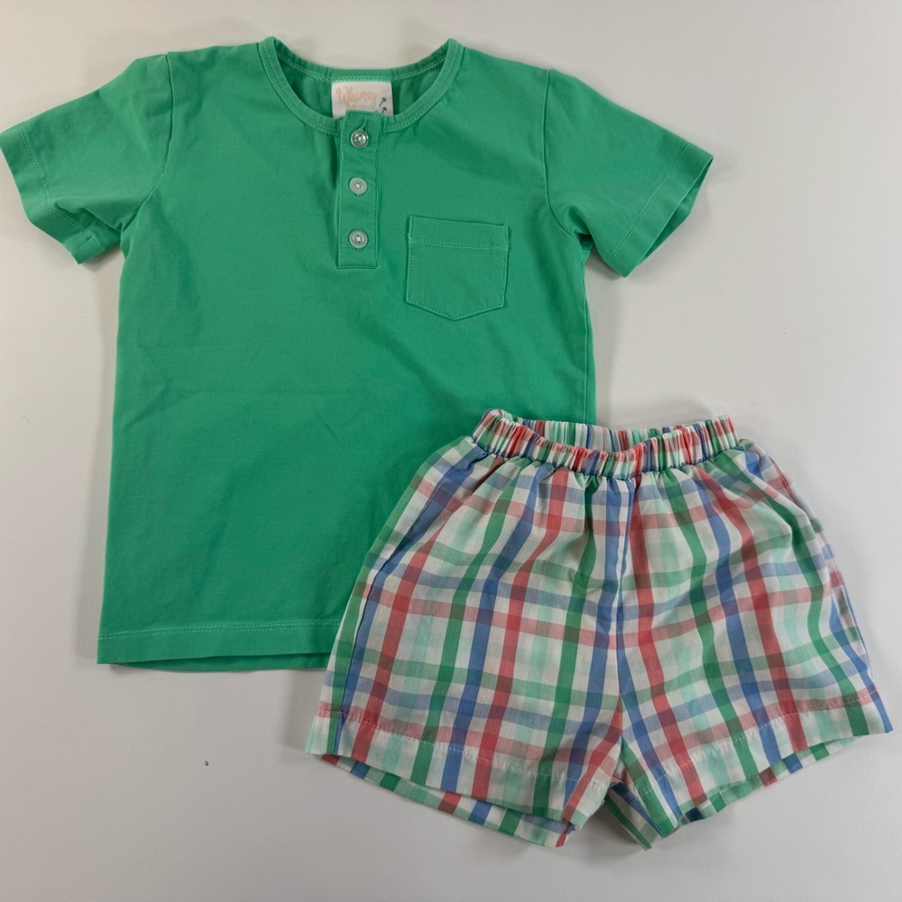 Whimsy Bay Kids - Boys 2-Piece Outfit Green Henley Shirt Plaid Shorts 3T